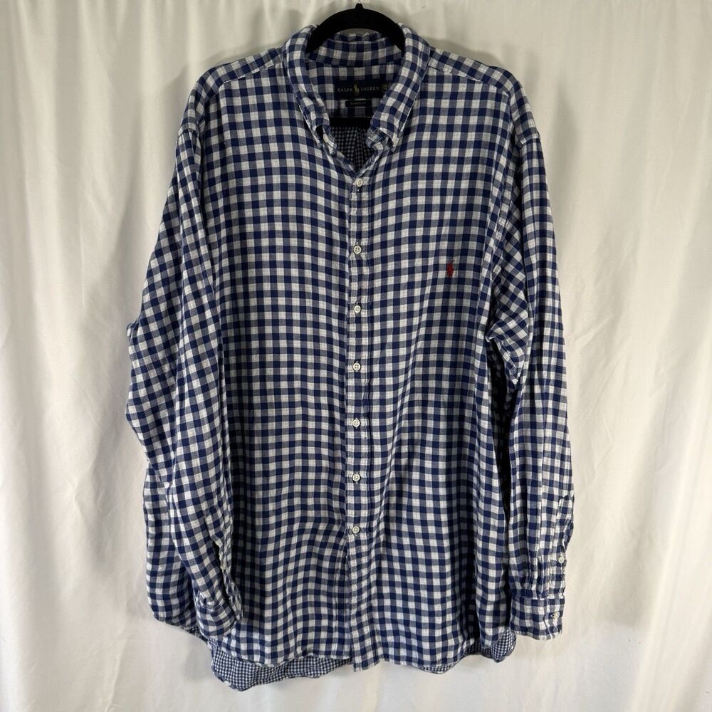 Ralph Lauren Button Down Shirt Men's 2XL Blue White Plaid Classic Fit Long Sleev
